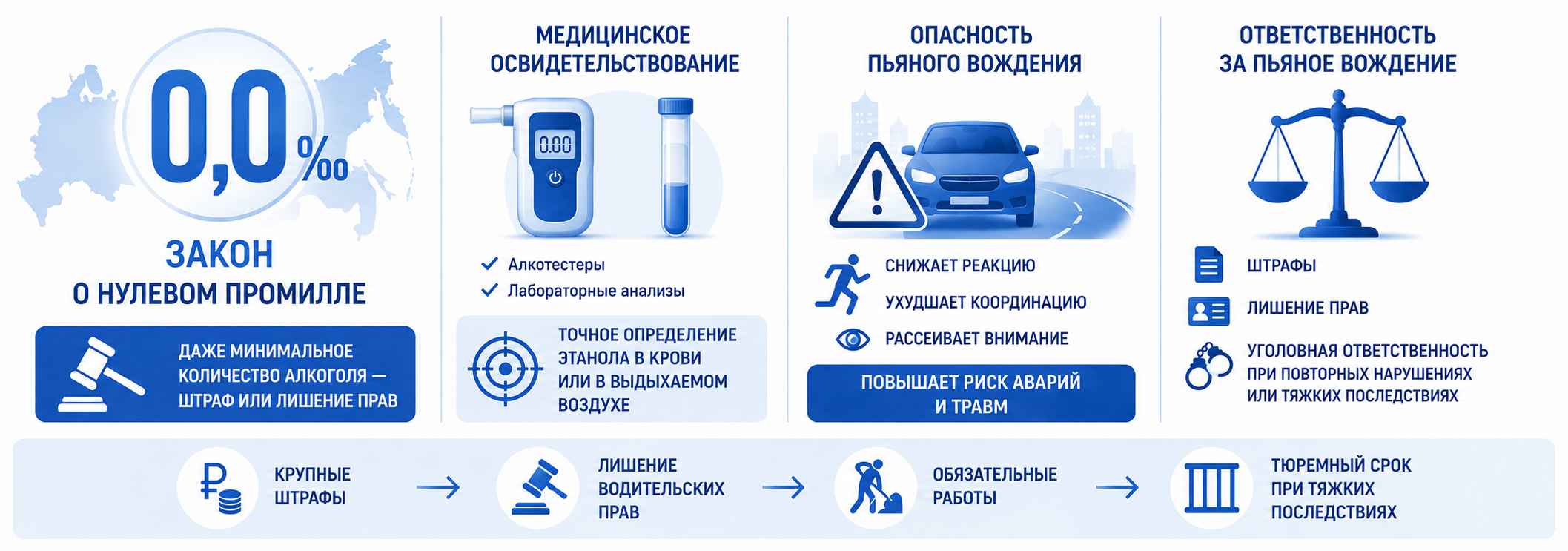 Инфографика о нулевом промилле для водителей в России: запрет на управление автомобилем после употребления алкоголя, медицинское освидетельствование, влияние спиртного на реакцию и координацию, а также возможные последствия — штраф, лишение водительских прав, обязательные работы и уголовная ответственность.