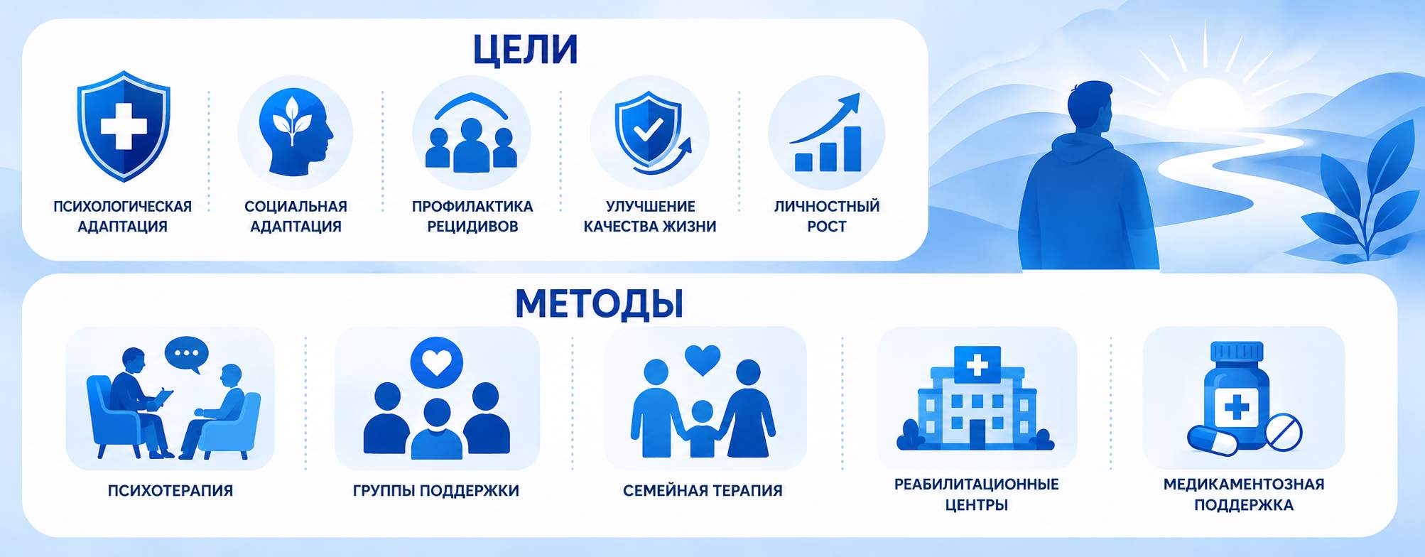 Инфографика: цели и методы реабилитации при алкогольной зависимости. Цели: психологическая адаптация, социальная адаптация, профилактика рецидивов, улучшение качества жизни, личностный рост. Методы: психотерапия, группы поддержки, семейная терапия, реабилитационные центры, медикаментозная поддержка.