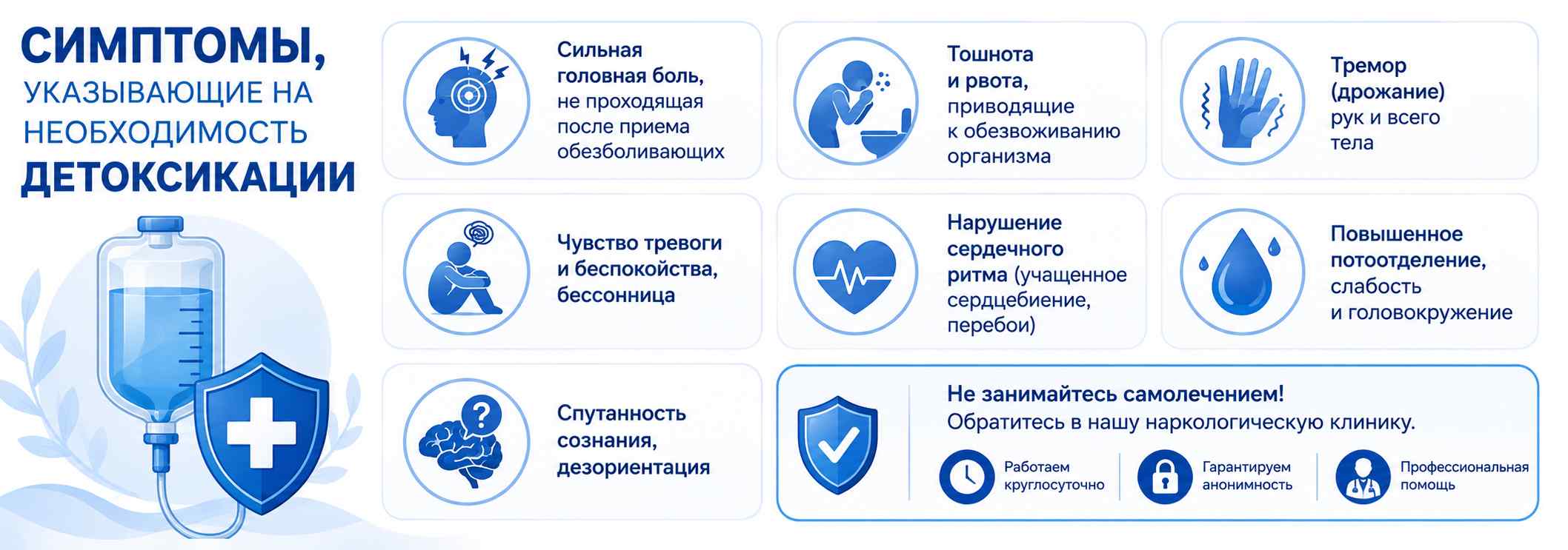 Инфографика с основными симптомами, указывающими на необходимость детоксикации после употребления алкоголя: сильная головная боль, тошнота и рвота, тремор, тревожность и бессонница, нарушение сердечного ритма, повышенное потоотделение, слабость, головокружение и спутанность сознания. Также указаны преимущества обращения в наркологическую клинику: профессиональная помощь, круглосуточная работа и анонимность.