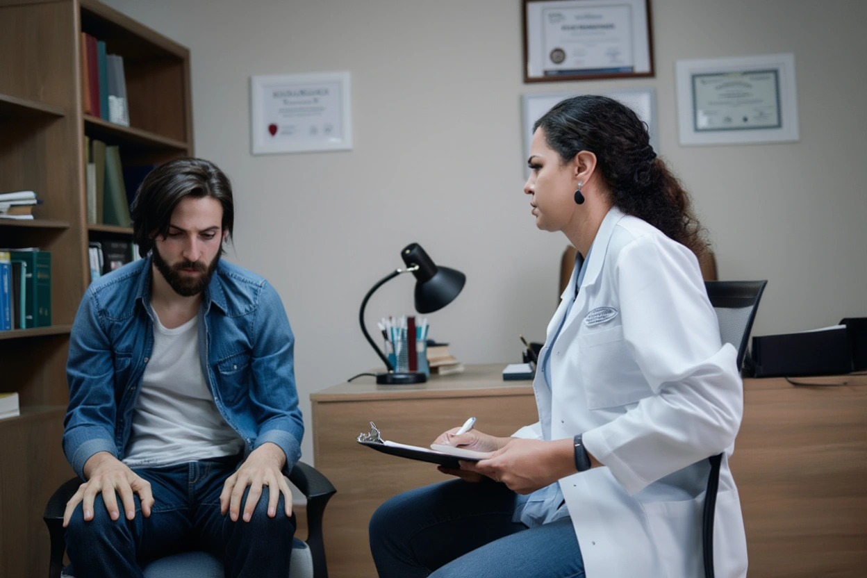 Пациент с апатией на приёме у врача-психиатра, специалист в белом халате проводит диагностическую беседу