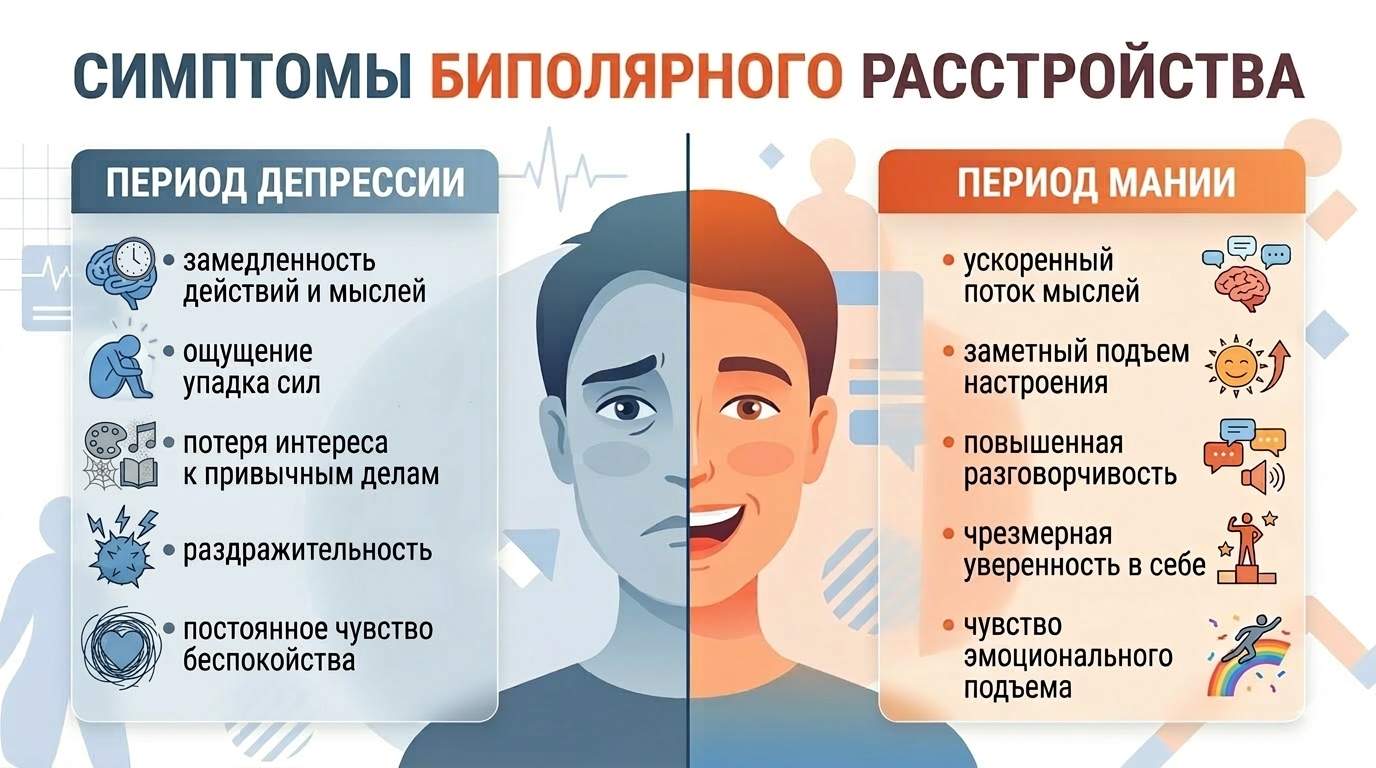 инфографика о симптомах биполярного расстройства в периоды депрессии и мании