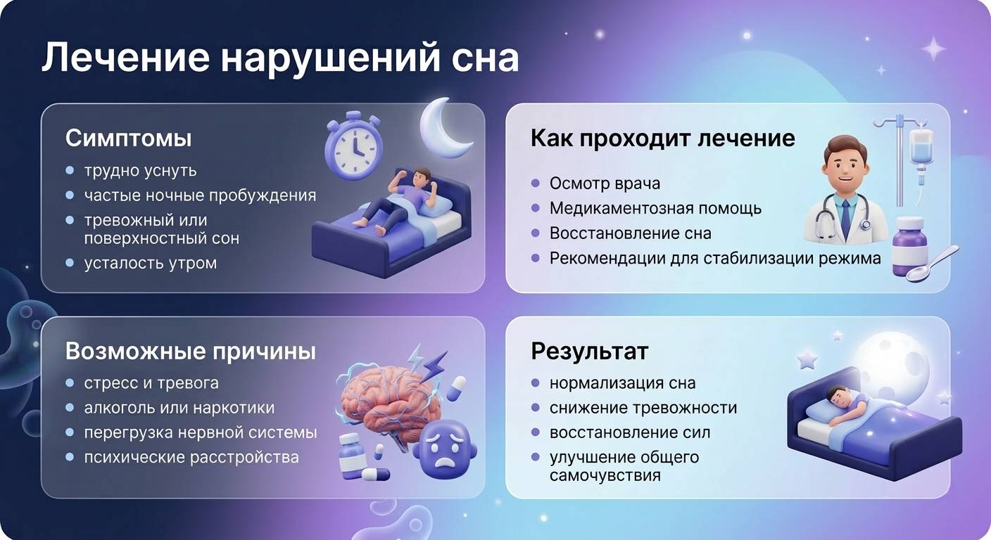 инфографика о лечении нарушений сна: симптомы, возможные причины и результаты терапии