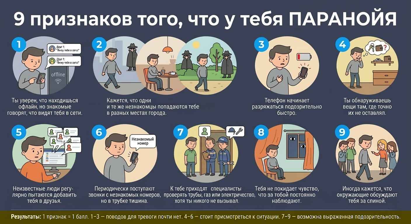 инфографика о 9 признаках, которые могут указывать на наличие паранойи